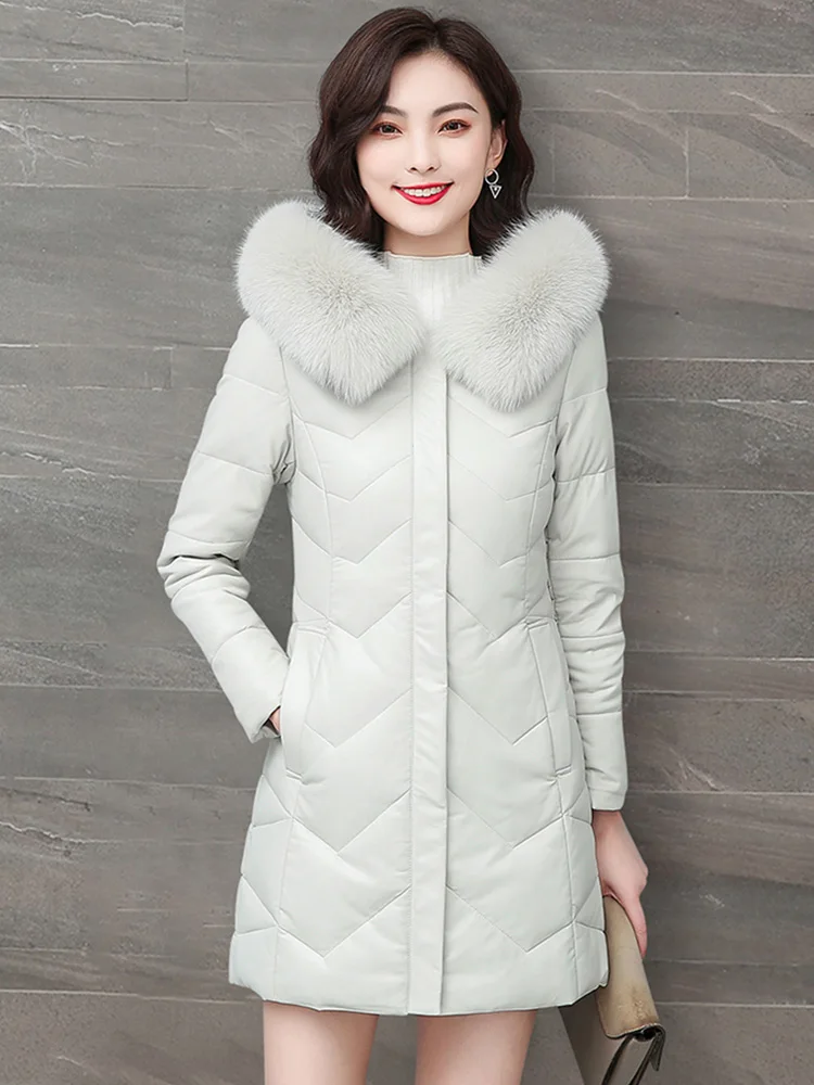 New Women Leather Down Coat Elegant Fashion Hooded Real Fox Fur Collar Medium Long Slim Sheepskin White Duck Down Outerwear