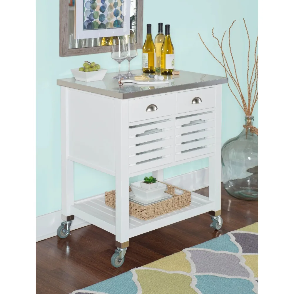 

Linon Kerr 2-Drawer Mobile Kitchen Cart with Food Safe Stainless Steel Top, White Finish