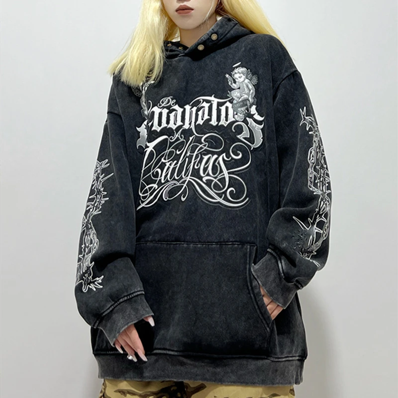 

2022 хип-хоп винтажные толстовки с принтом черного ангела Y2K Мужская толстовка большого размера Свободная Повседневная зимняя одежда для пар в стиле Харадзюку