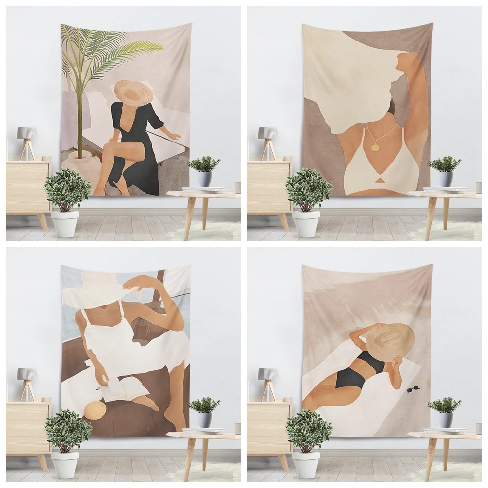 

Cartoon Minimalist Fashion Women Hanging Anime Tapestry Beach Towel Holiday Girl Wall Tapestry Kawaii Room Decor Aesthetic