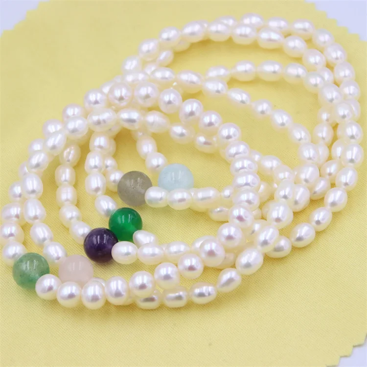 

Simple Natural Stone Aquamarine Green Strawberry Quartz White Rice Waterfresh Pearl Elastic Rope Bracelets Jewelry For Women DIY