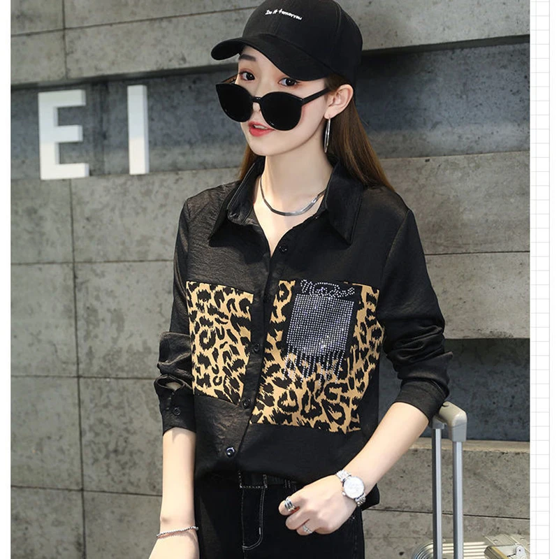 

Leopard Print Stitching Shirt Women's 2023 Spring And Autumn New Black Long-Sleeved Fashion Hot Drilling Women's Blouse