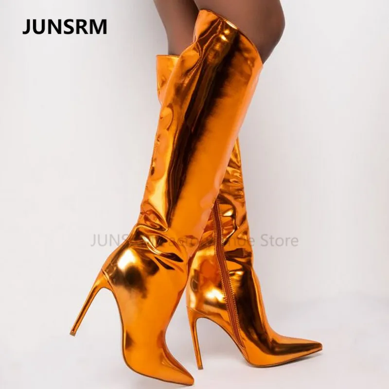 2022 Metallic Sheen Mirror Pink Stiletto Heels Boots Pointed Toe  Calf High Heels Bootes Women Party Wedding Nightclub Bootias