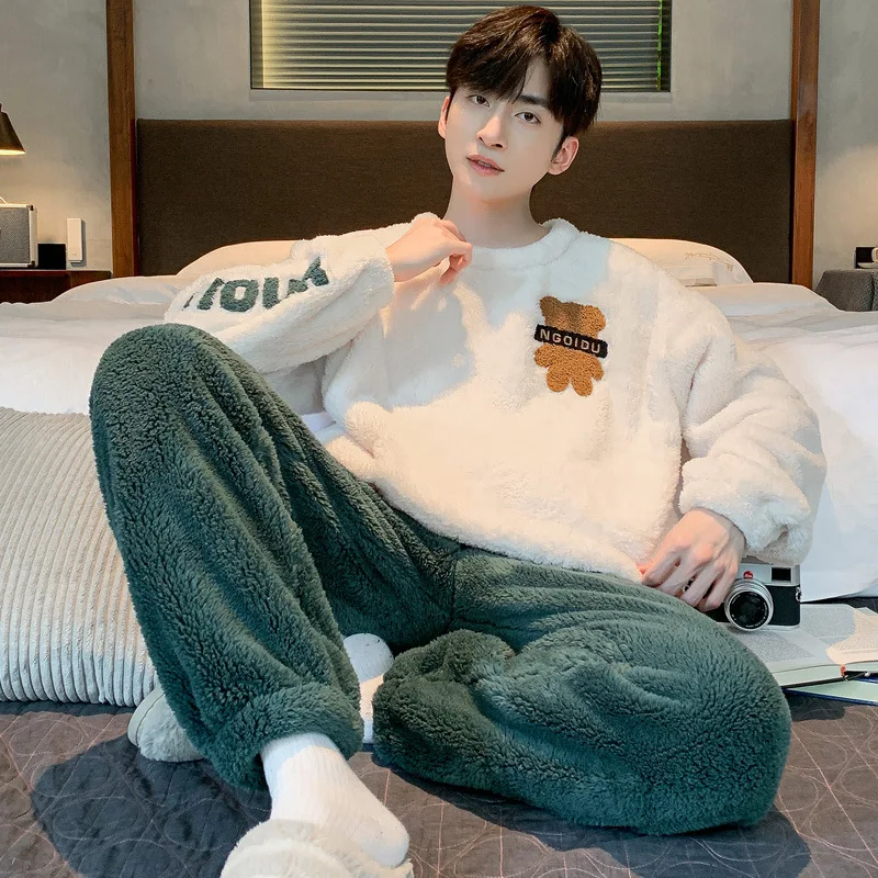 Зимний теплый пижамный комплект мужской Пушистый пуловер + длинные брюки из