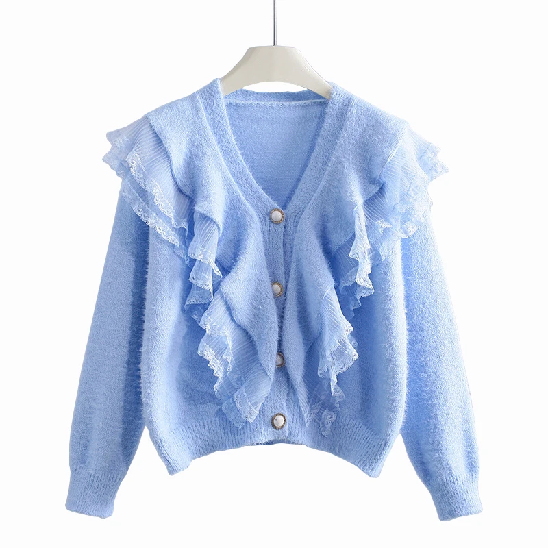 

V Neck Loose Women's Sweater Cardigan Imitation Mink Velvet Soft Knitted Cardigans Female Ruffle Splices Knitwear Coat 2023