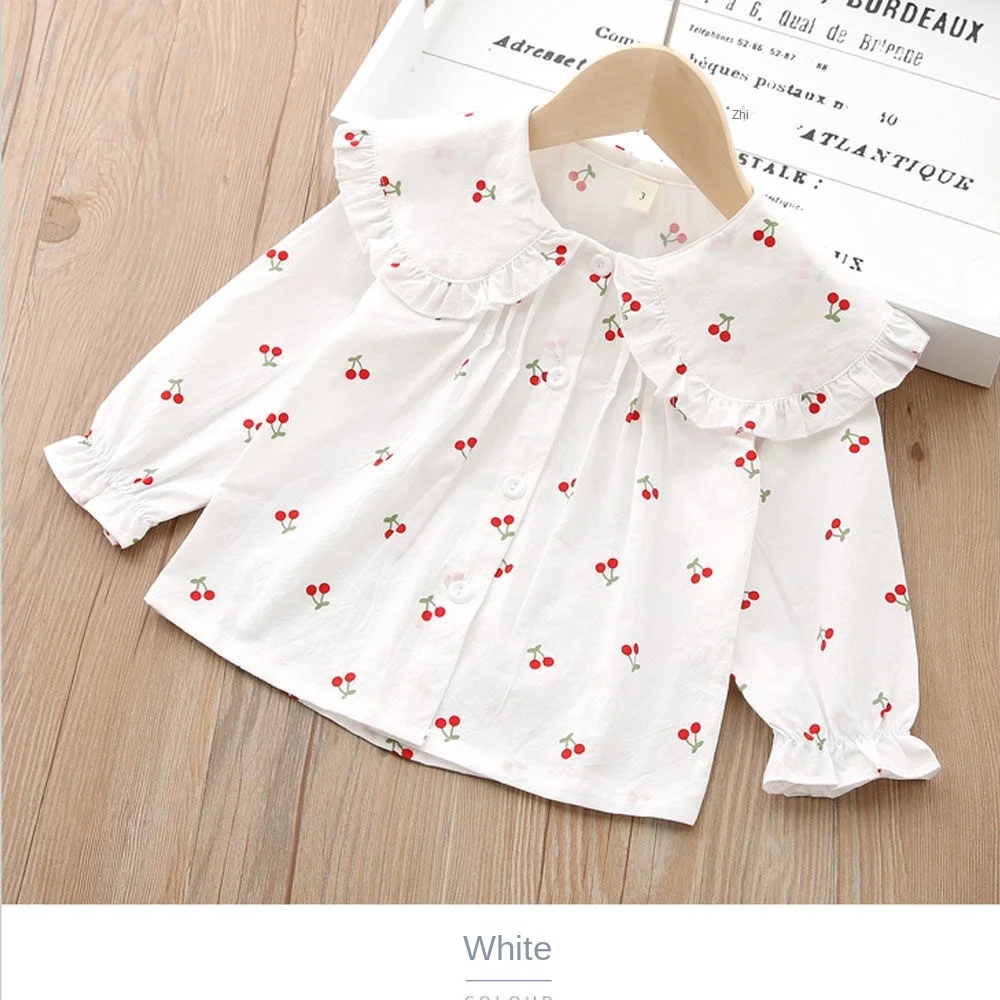 Girls Cotton Spring and Autumn New Lapel Shirt Baby Foreign Air Little Cherry White Baby Shirt Underneath Girls Shirt 4-6Y