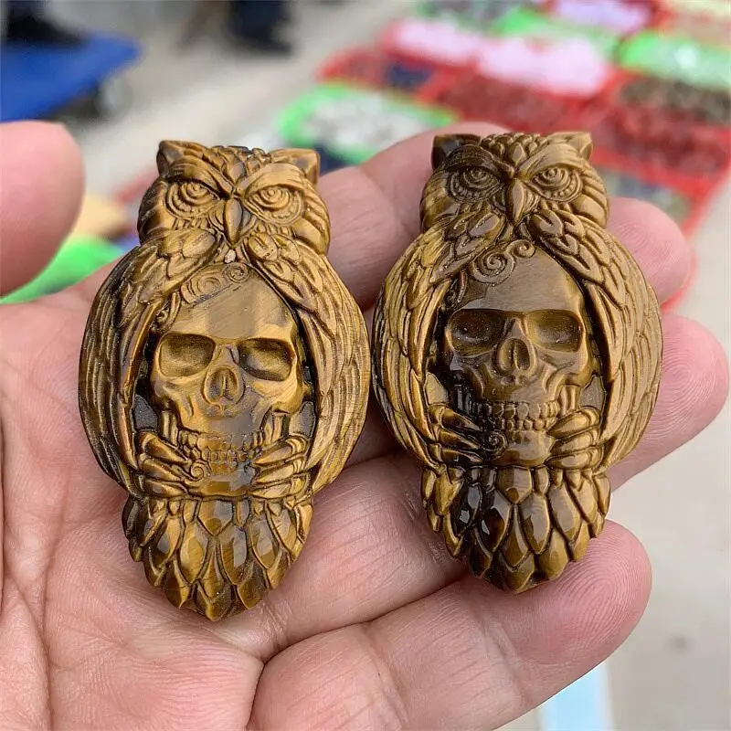 

Natural Tiger Eye Stone Skulls Mineral Gems Ghost Head Carved Reiki Healing Gift Crafts Feng Shui Home Decoration Stone 1pcs