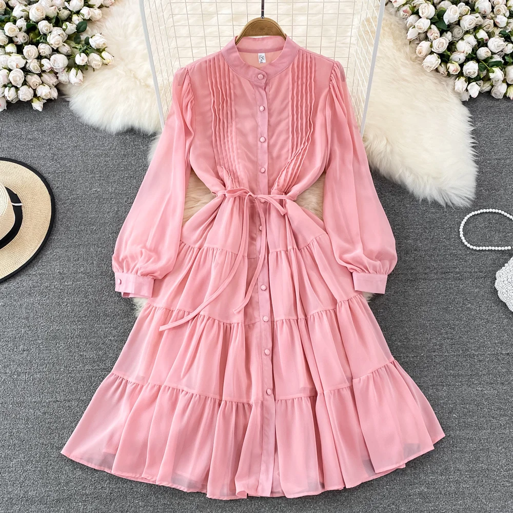 

Autumn Vintage Elegant O-neck Autumn Dress Fashion Pleated Bubble Long Sleeve Waist Thin Long Dress A-line Women Autumn Dress