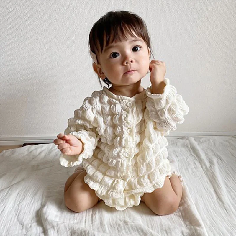 

Baby Girl Autumn Fashion Dimensional Plaids Long Sleeves Cardigan + Big Pp Shorts 2pc Set Girls Simple Cotton Bodysuit