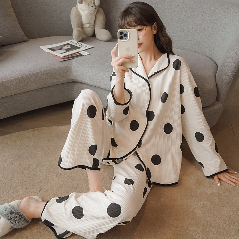 CAIYIER New Winter Women Jacquard Pattern Nightwear Korean Kawaii Love Sleepwear Long Sleeve Pijama Mujur Sexy Feamle Homewear