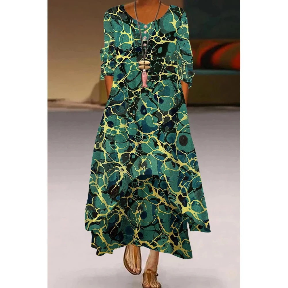 

2022 New Summer Women's Long Skirt Round Neck Ankle Length Long Sleeve Elegant Dress Silky Robe Daily Wear Colorful Printing