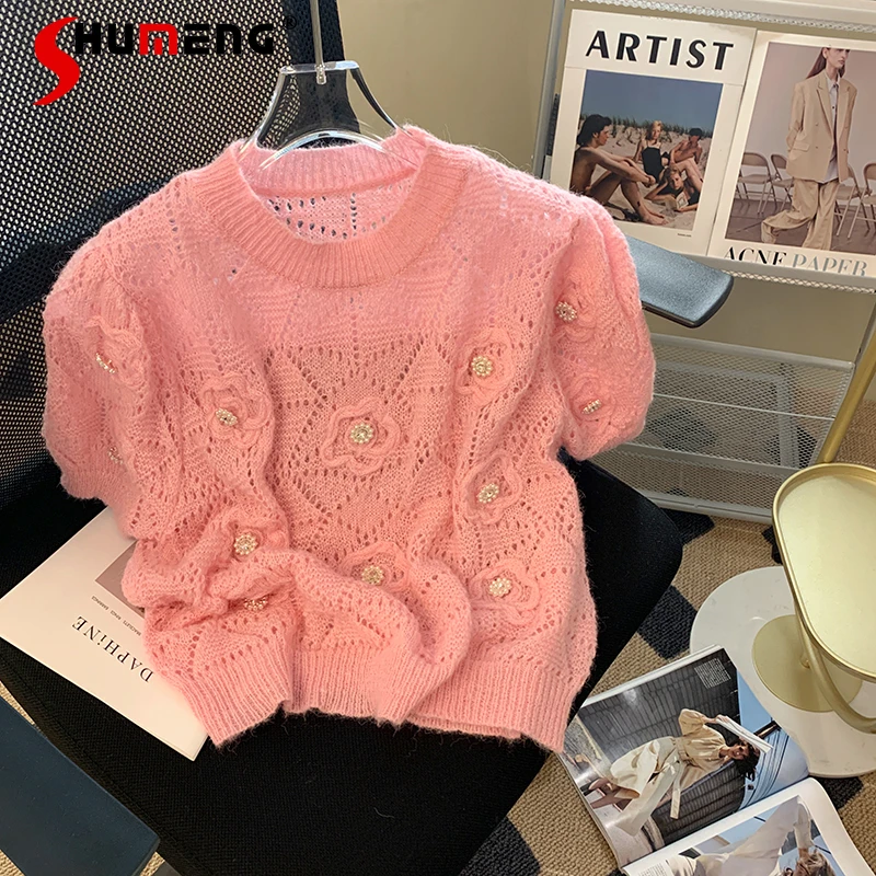 

Женский пуловер с коротким рукавом и круглым вырезом, розовый вязаный пуловер с маленькими цветами и объемным рисунком, в Корейском стиле, л...