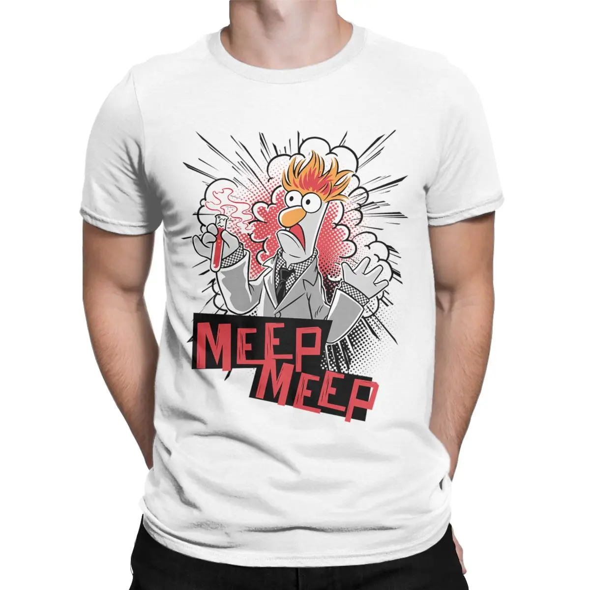 Фото Мужские футболки Disney Muppets Beaker Meep, новинка, футболки из чистого хлопка с коротким рукавом, футболка с круглым вырезом, одежда для взрослых №2