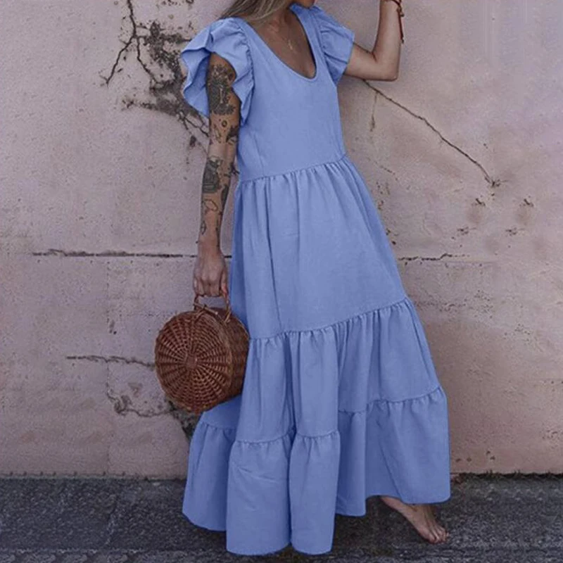 

Stylish Solid Ruffle Dress Women's Spring Summer Sundress 2023 Casual Butterfly Sleeve Maxi Vestido Female O Neck Robe Big Size
