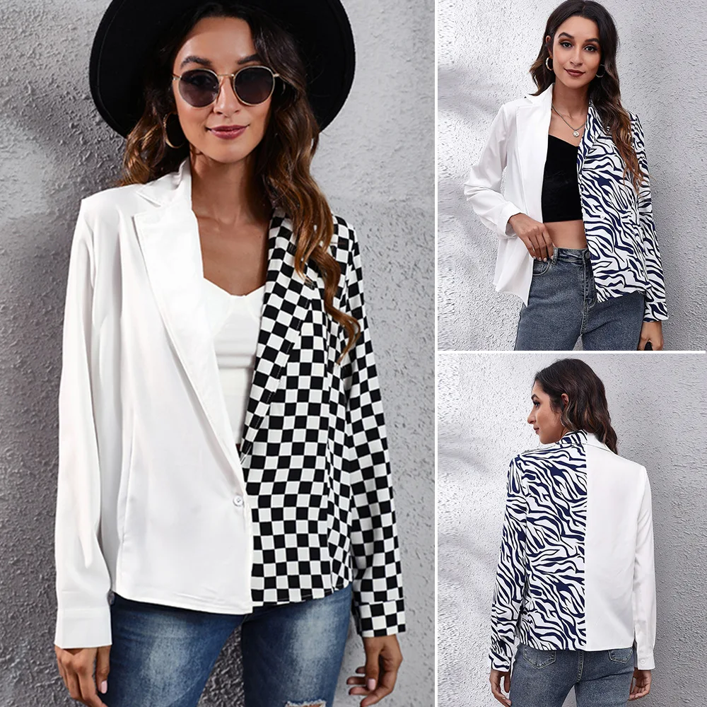 

Spring and Autumn new designer suit collar checkerboard zebra print splicing shirt women's long-sleeved chiffon shirt