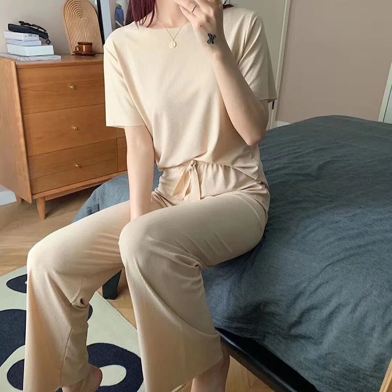

Nightgown Women Sleepwear O-Neck Pajamas Suit With Trousers Elastic Waist Home Clothes Nightwear Summer Comfy Sleepwear Pyjamas