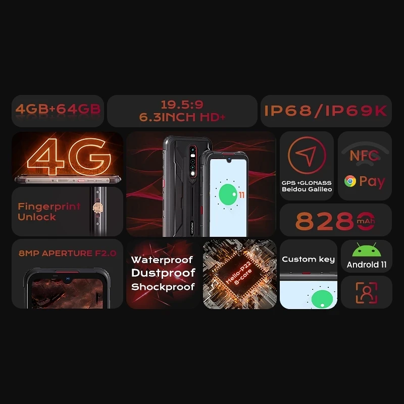HOTWAV CYBER 8 Rugged Smartphone  4GB 64GB 8280mAh 6.3 Inch NFC Android 11 Waterproof 16MP Camera Mobile Phone Global Version
