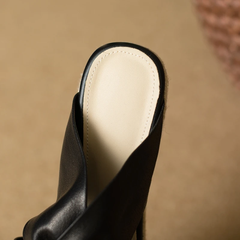 Женские шлепанцы с квадратным носком плетеные тапки из воловьей кожи на высоком