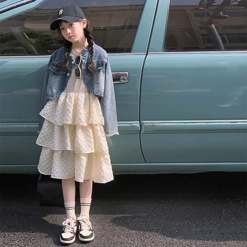 Джинсовая куртка с необработанными краями для девочек комплект из двух