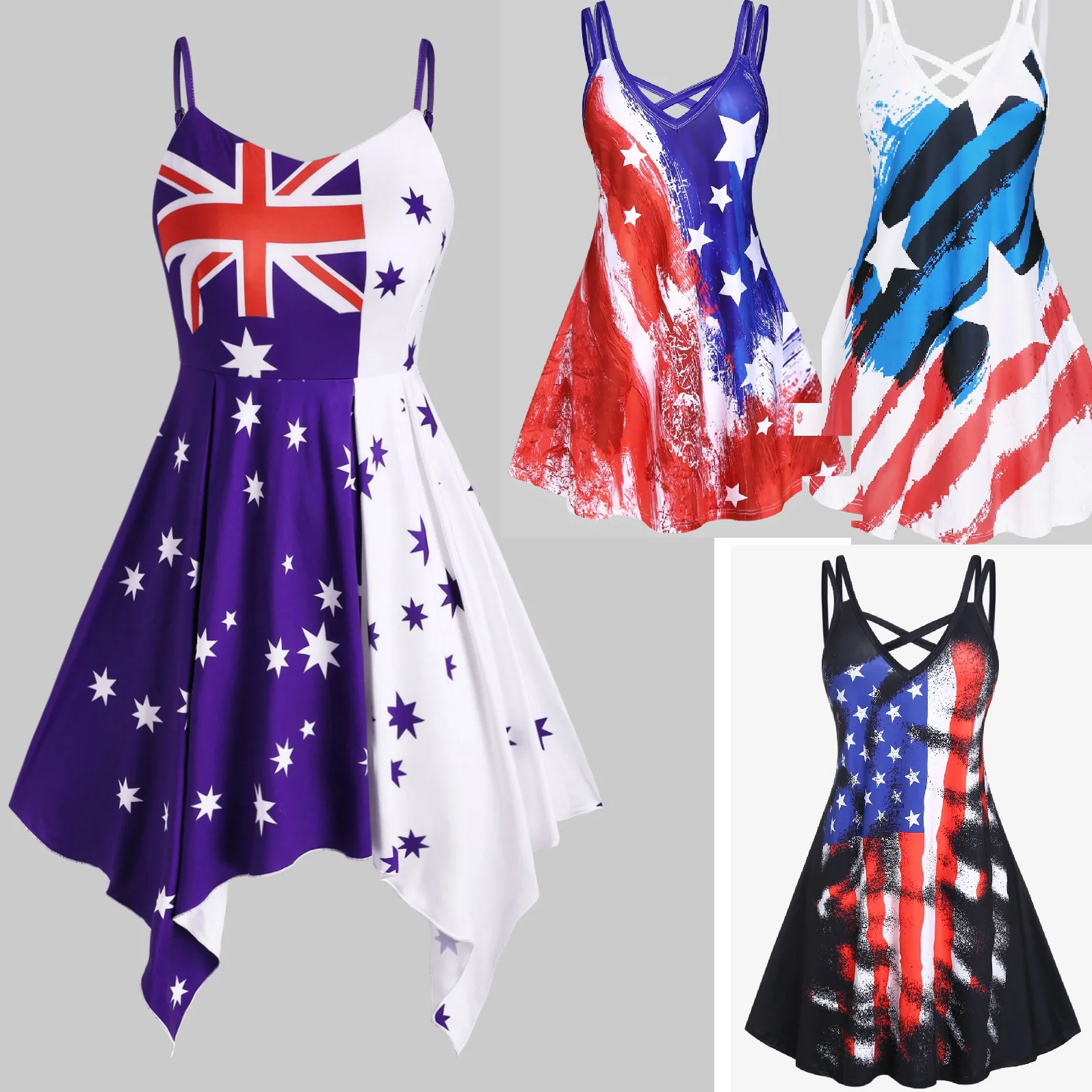 

Summer Sleeveless Dress Women Plus Size Soft Asymmetrical Midi Sundress Handkerchief Union Jack Print Hanky Hem Suspender Dress