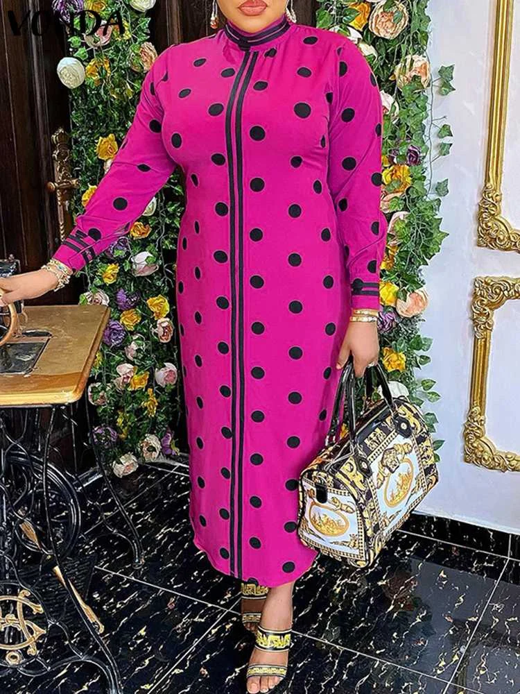 

Женский сарафан VONDA 2022, богемный праздничный винтажный Повседневный Сарафан с воротником-стойкой и принтом в горошек