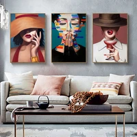 simple american living room decoration painting modern woman wearing hat artistic character apartment frameless core