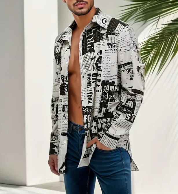Рубашка с длинным рукавом мужская рубашка 3d принтом газетного узора лацканами