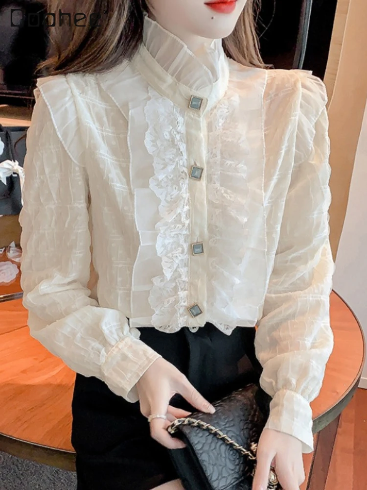 

Blusas Femininas Elegantes French Lace Stitching Socialite Sweet Top 2022 Autumn New Stand Collar Long Sleeve Shirts for Women