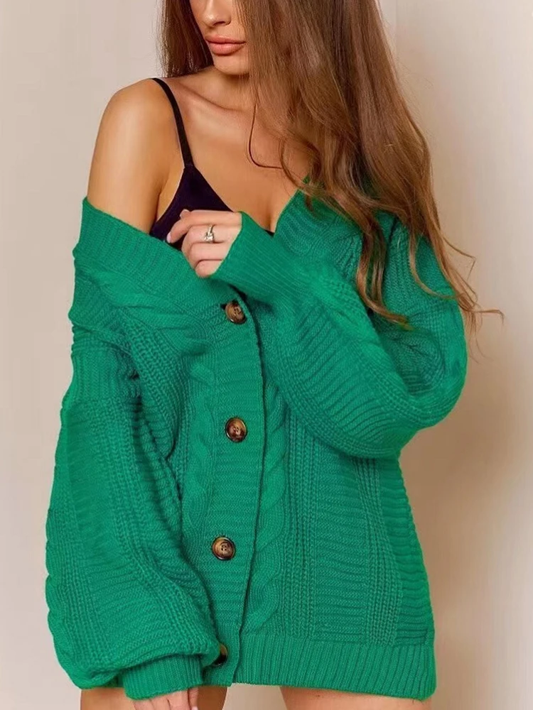 

Winter Knitted Sweaters Women Casual Loose Cardigans Knotted Vintage Long Sleeve Knitwear Female Elegant Solid V-neck Sweater