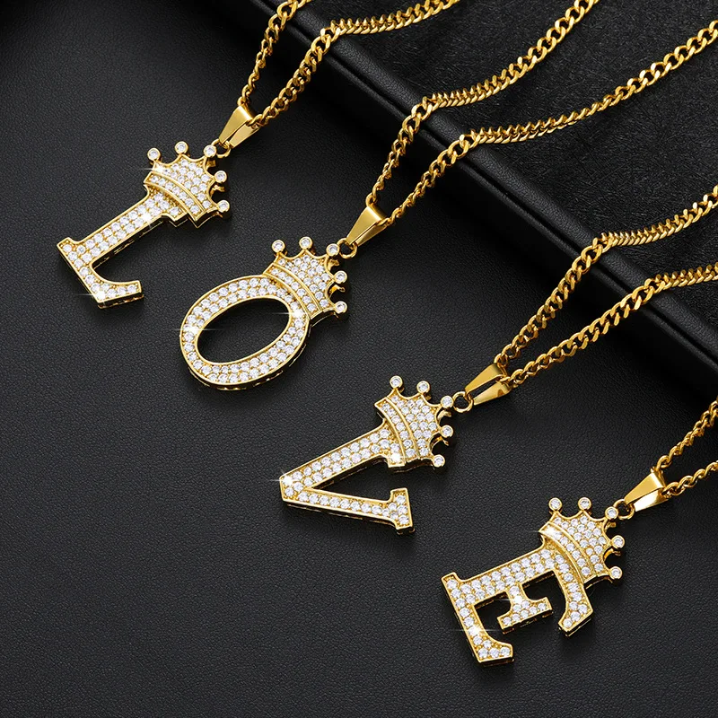 

2021 Women Jewelry Crown Necklace Zircon Letter Necklace Female Crown Pendant Stainless Steel Letter Necklace
