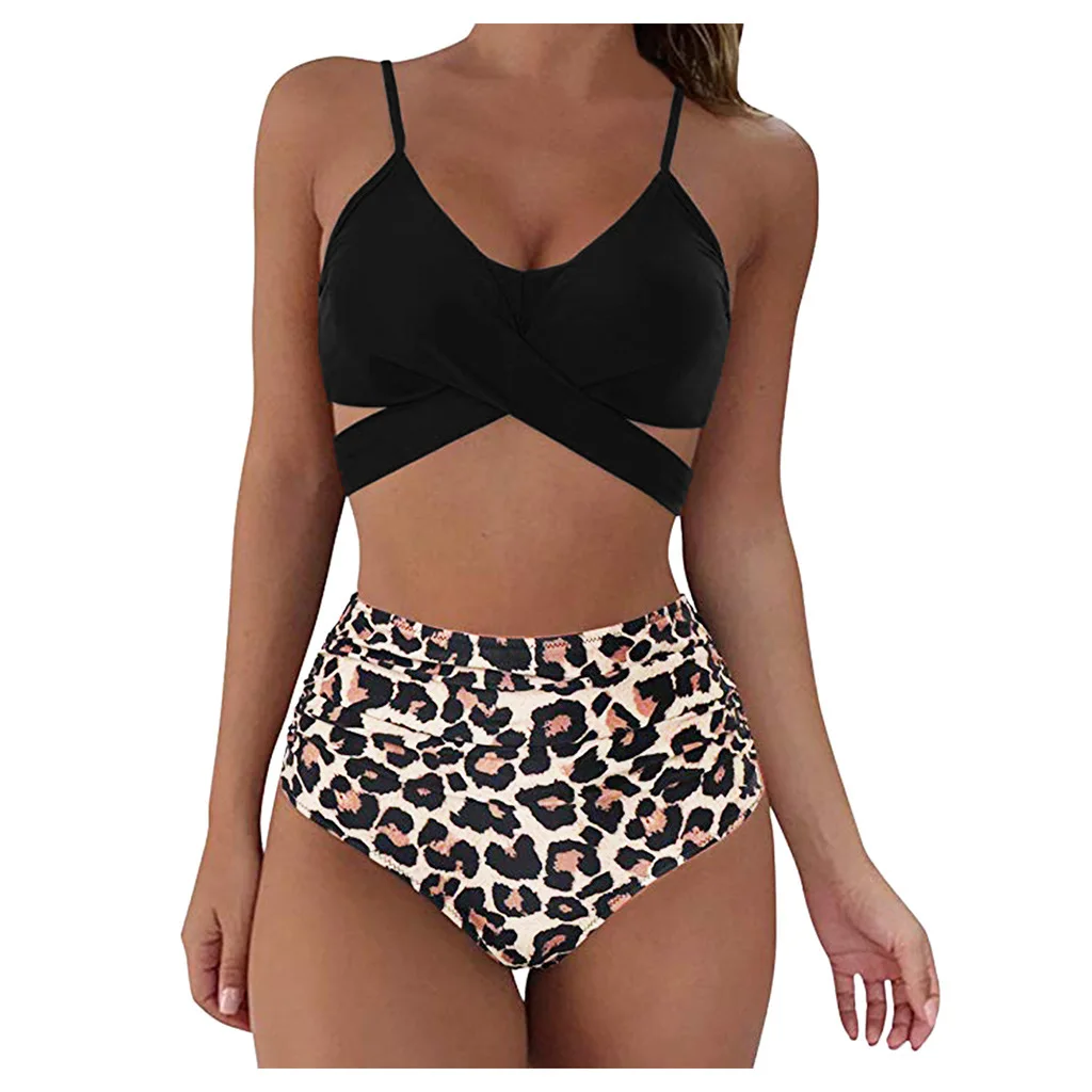 

Leopard Print Cross Split Two Piece Swimsuit High Waist Push Up Swimwear Maillots De Bain De Plage Wading Sports Bikini Set