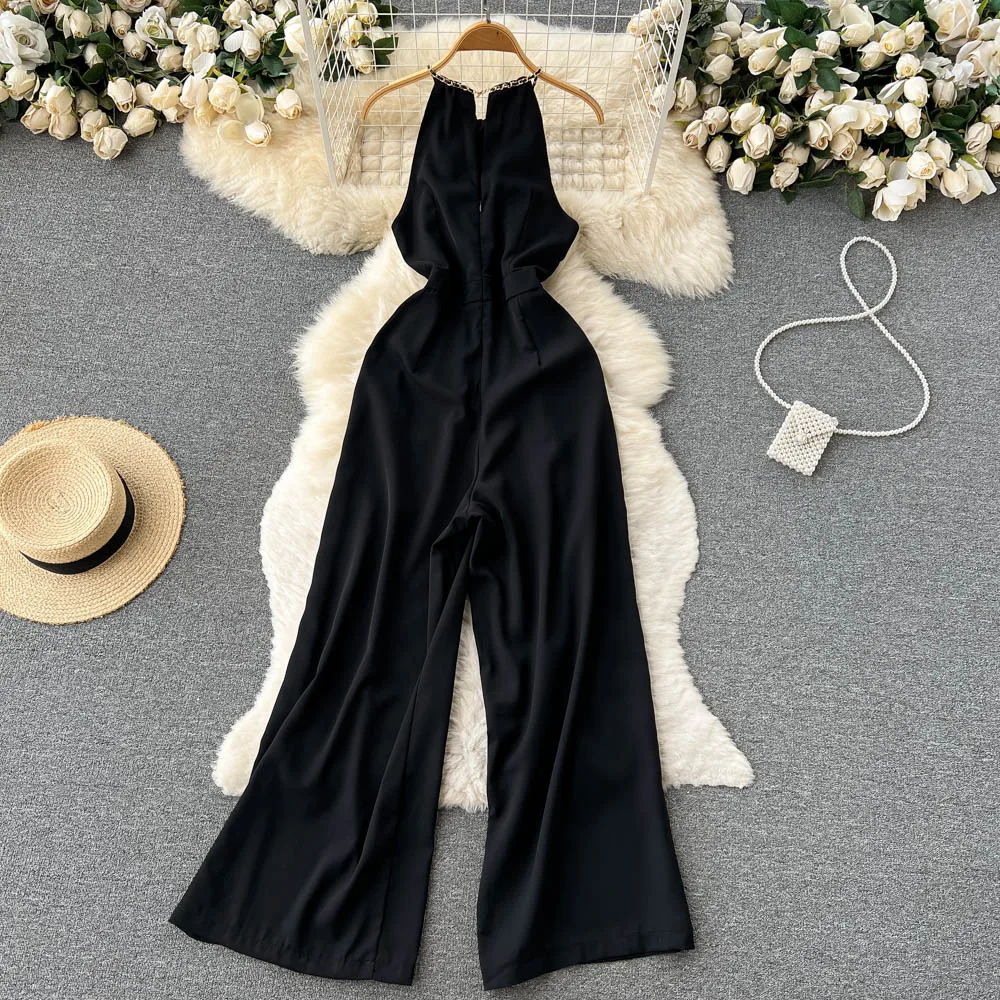 Summer Elegant Chain Halter Black Jumpsuit Women Outfits Solid High Waist Rompers Playsuits Female Overalls Korean Clothing