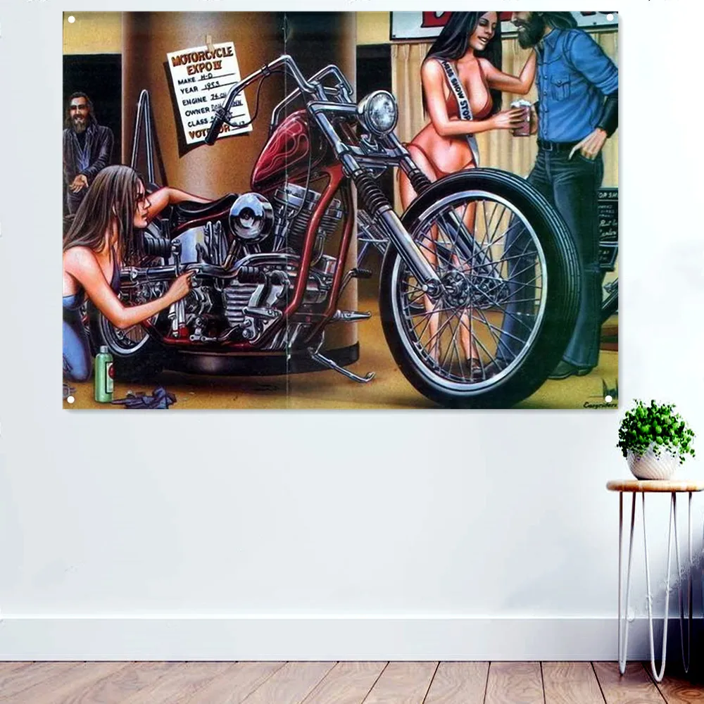 

Sexy Babes Motorcycle Rider Art Posters and Prints Wall Hanging Flag Wall Decorative Banner for Home Pub Club Bar Room Garage