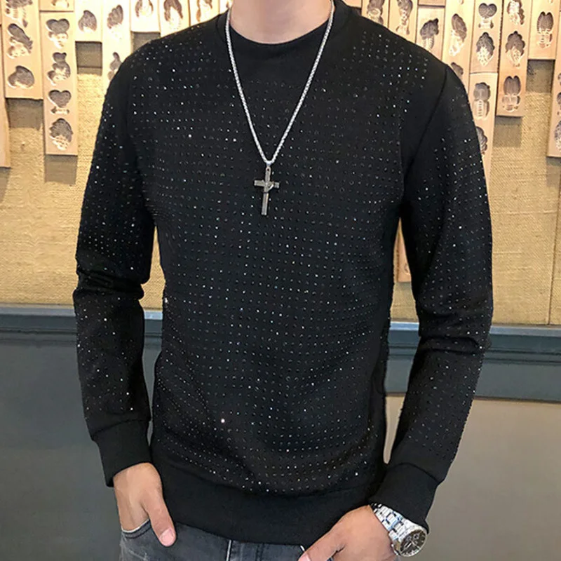 

High Quality Shiny Hot Drilling T Shirt Homme Streetwear Pullover Rhinestones Men Personality Club Outfits Stage Sequin Tshirt