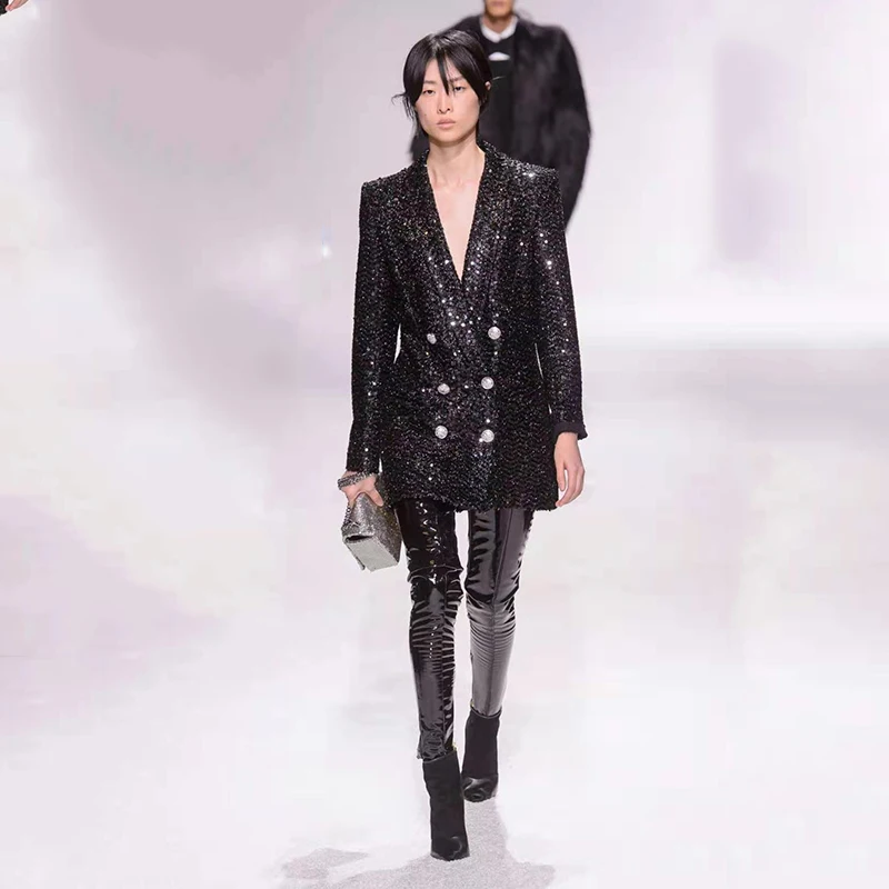 High Quality Fashion Designer Blazer Women Double Lion Buttons Shawl Collar Glitter Sequined Long Runway Black Blazers