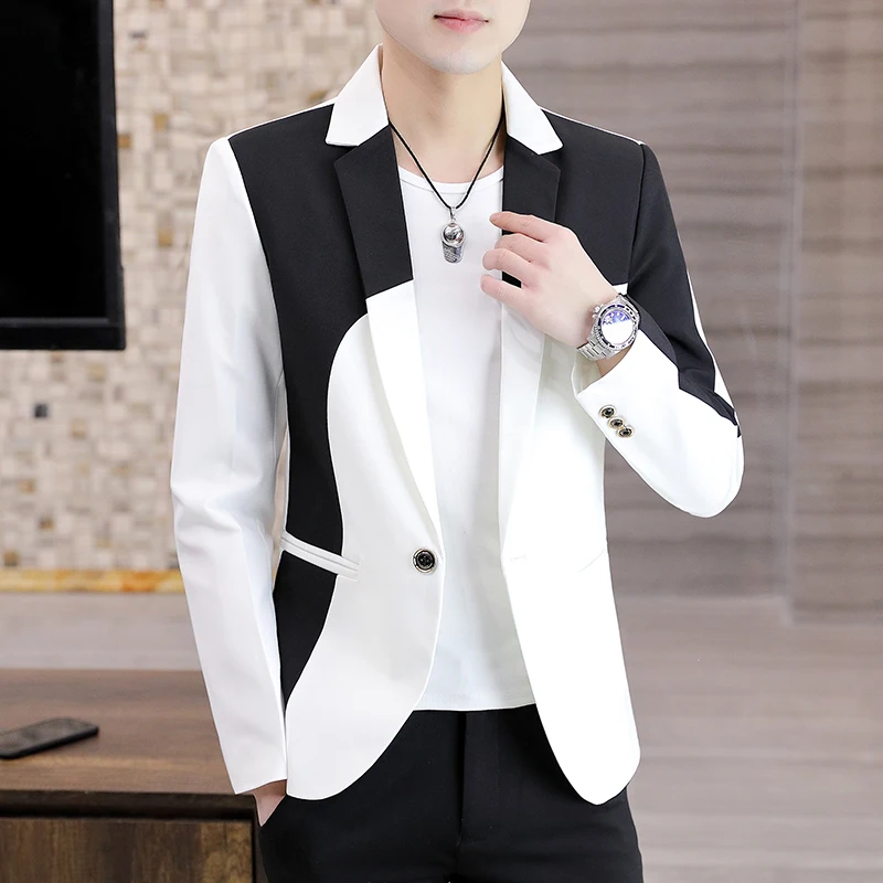 

Men’s blazers jacket one button slim fit mixed color long sleeve business casual coat