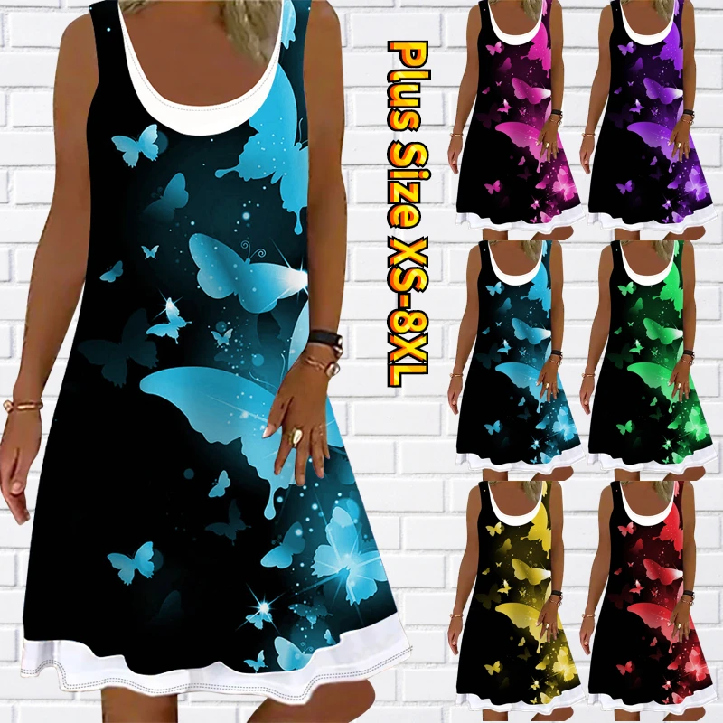 

2022 New Summer Round Neck Casual Vest Skirt Ladies Dress Sleeveless Butterfly Print Knee Length Dress Loose Size Party Dress