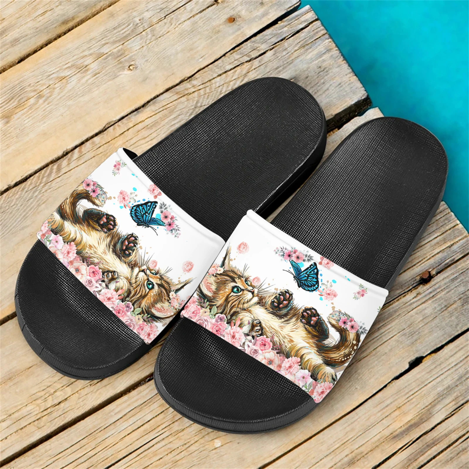 Cute Cat Butterfly Print Flat Sandals Outdoor Indoor Popular Breathable Casual Slippers Soft Sole Breathable Non-slip Slides New