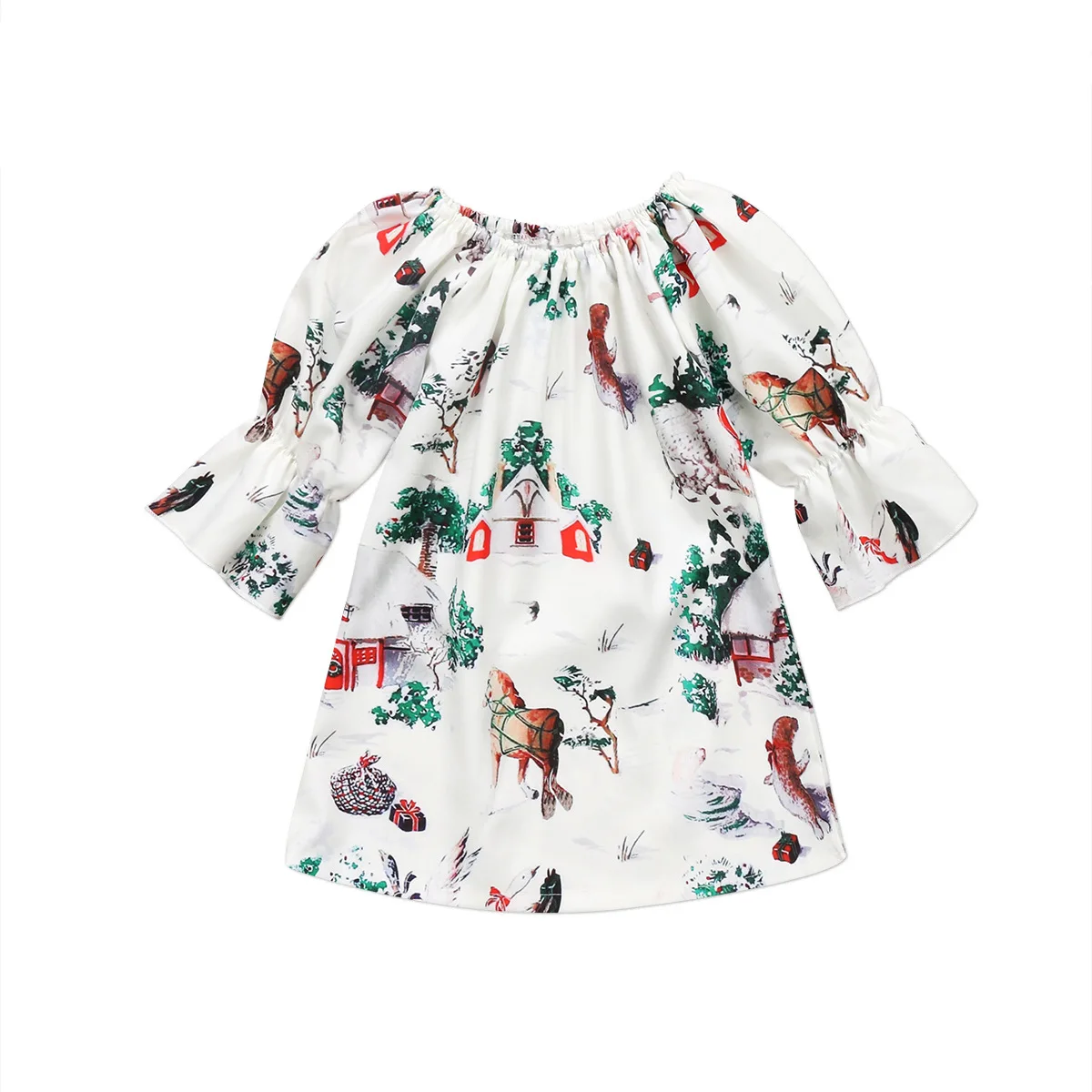 

Skirt autumn clothing children's cartoon print round neck children's clothing holiday Christmas girl's dress