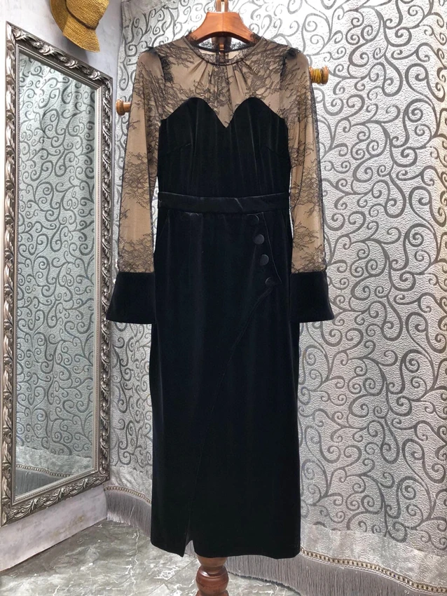 

2022 new women fashion long sleeves round neck velvet stitching lace slim fit elegant and generous midi dress 806