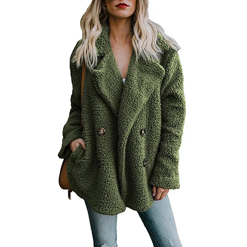 2021 Autumn and Winter Women's Double Breasted Jacket Fashion New Lapel Pocket Sweater Lapel Loose Plush Buttons Fur Coat Women