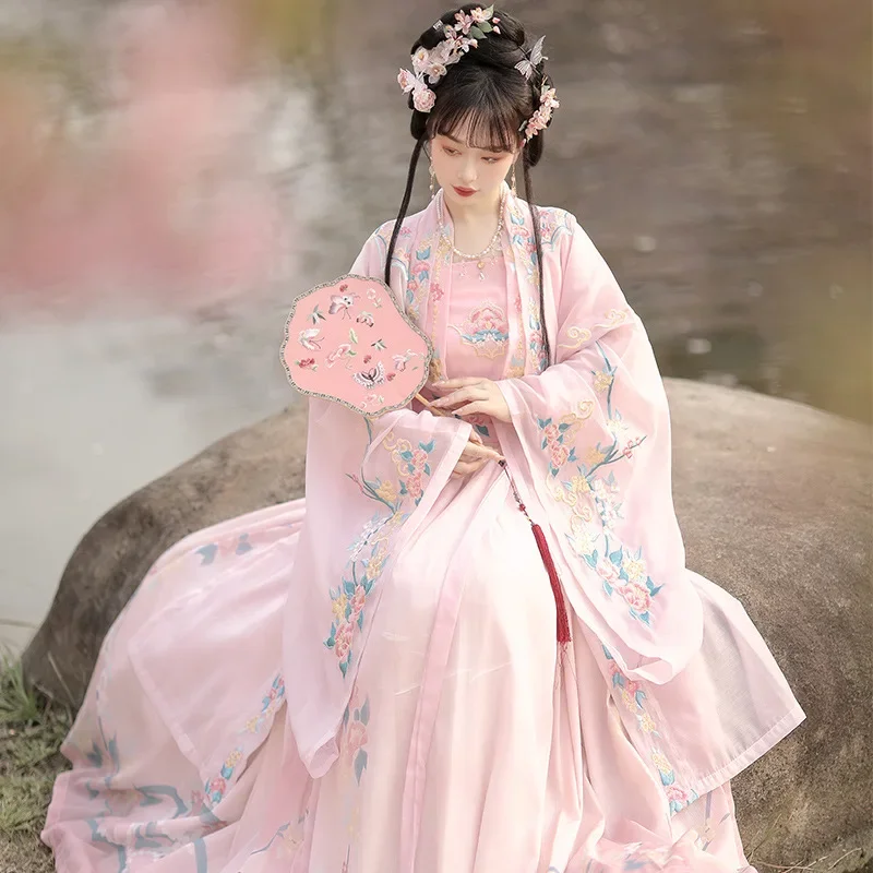 SY11 Hanfu женский древний костюм в китайском стиле розовый с большим рукавом вышитый