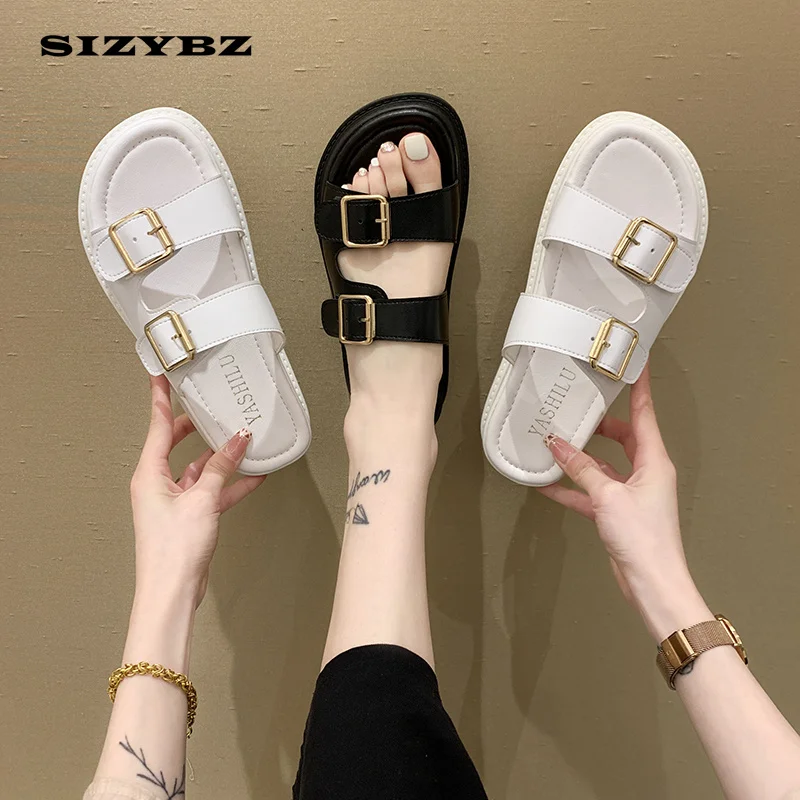 

Roman Platform Slippers Women Summer Flat Bottom New Fashion Word with Soft Bottom Outer Wear Sandals Buckle Strap Decoration