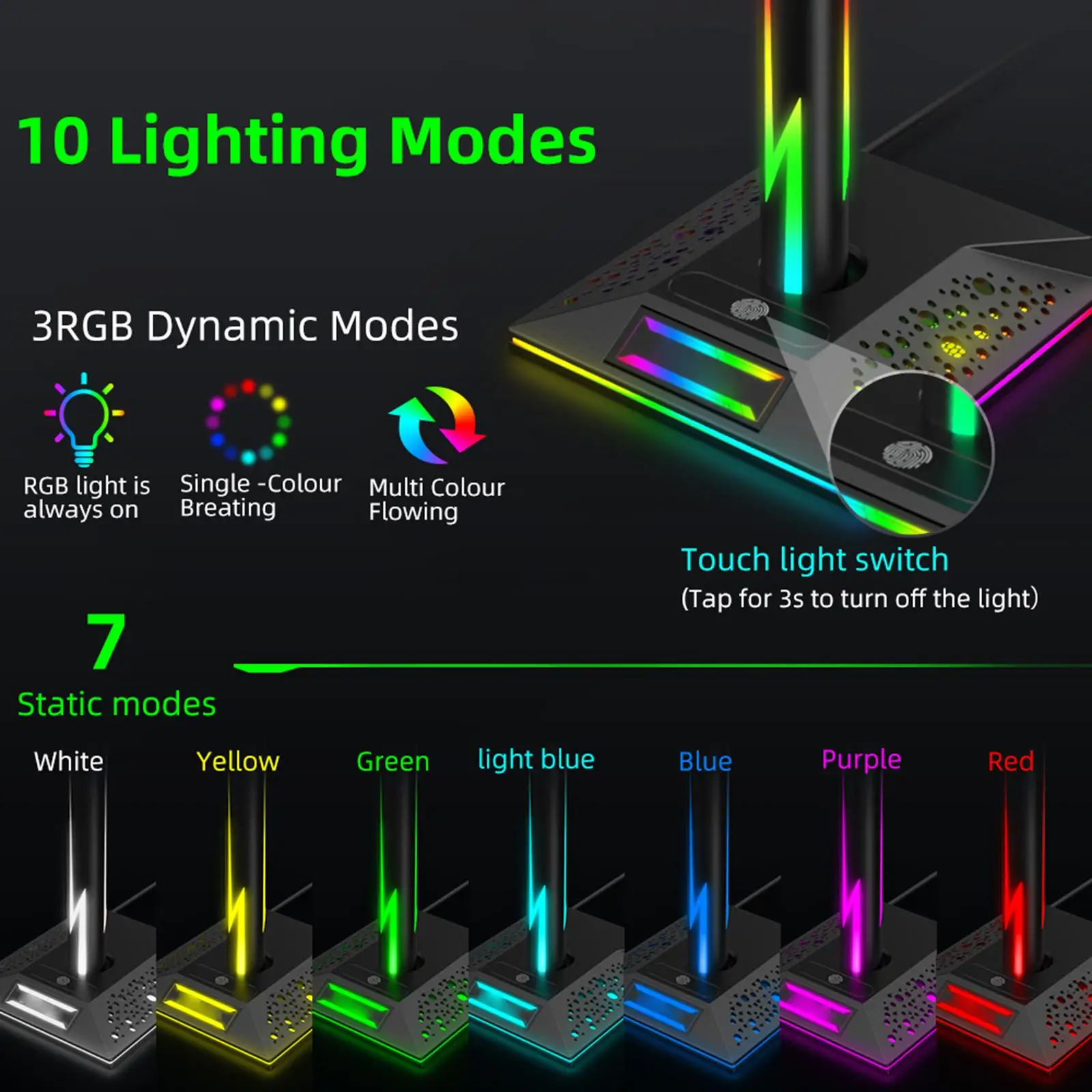

Desktop RGB Gaming Headset Holder Hanger Two USB Charging Ports Widely Used