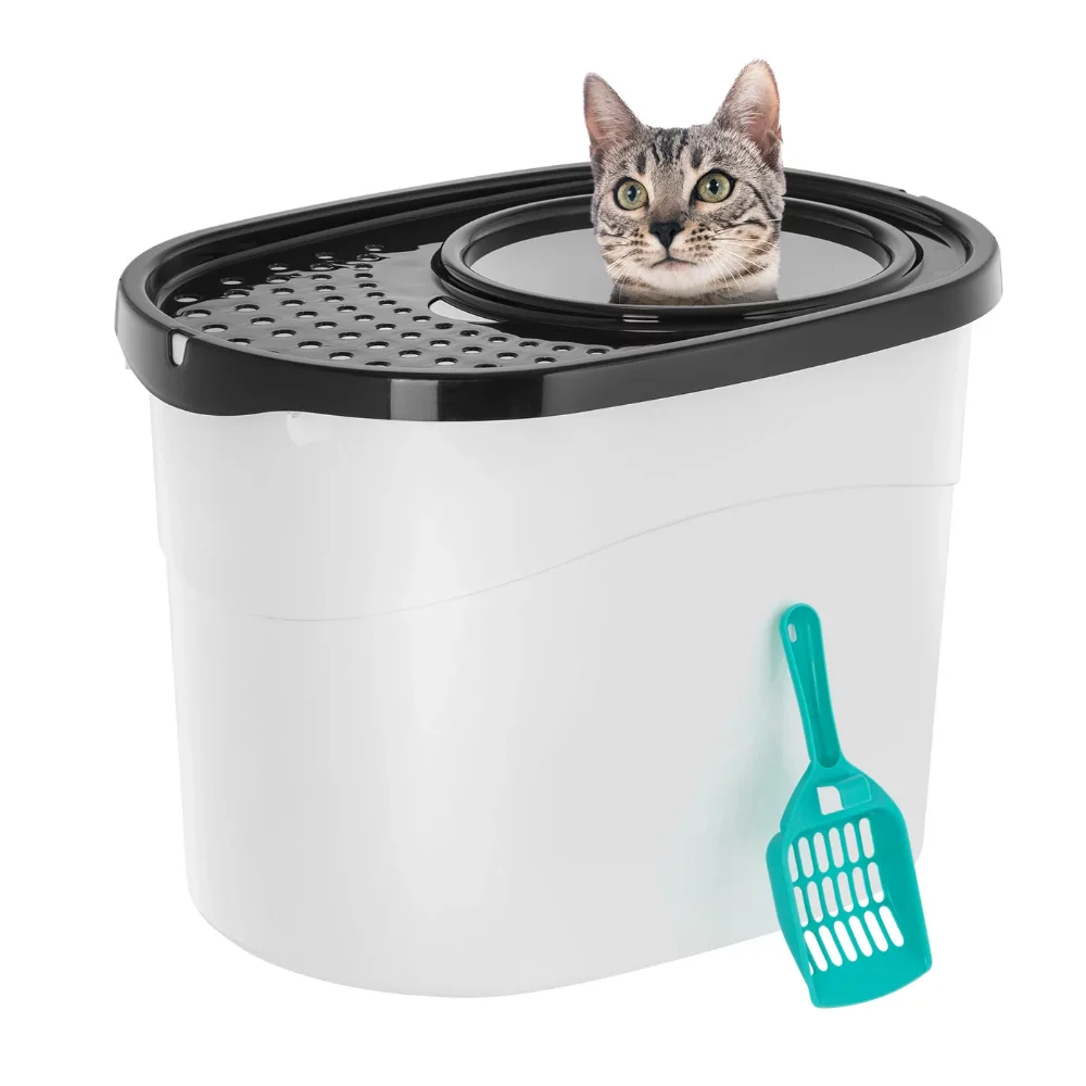 

Top Entry Cat Litter Box with Litter Catching Grated Lid, White/Black