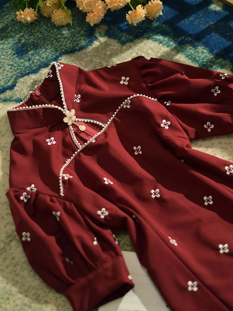 Red Embroidery Cheongsam Women Pearl Short Sleeve Fashionable Dress Slim Elegant Chinese Traditional Qipao S To XXL