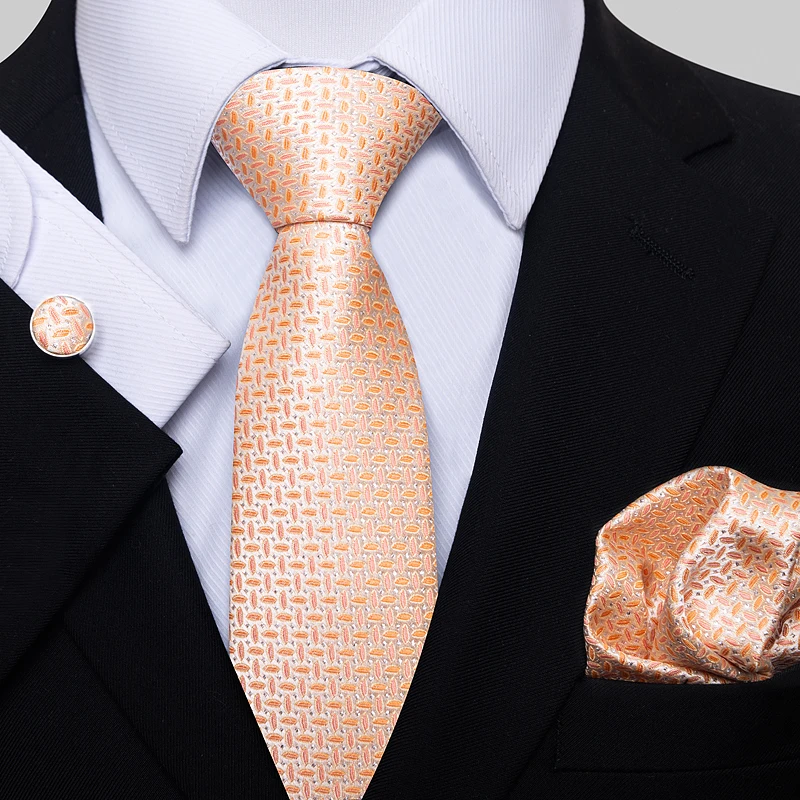 Fashion Brand Nice Handmade Silk Tie Handkerchief Cufflink Set For Men Necktie Orange Paisley Shirt Accessories lover's day