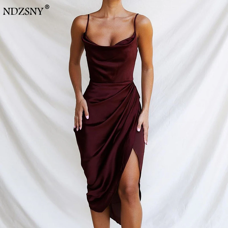 

NDZSNY Sexy Satin Slip Summer Strap Strapless Dress Women Fashion Sleeveless Slim Backless Knee-Length Split Beach Party Dresses