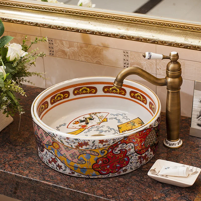 

Retro Wash Basin Personality Art Basin Antique Bathroom Cabinet Ceramic Basin Table Basin Home Folk Hotel Washbasin