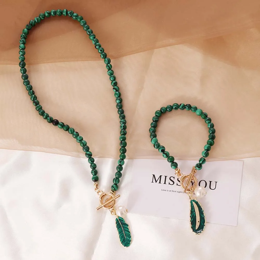 

Green Beads Necklace Bracelet Vintage Malachite Leaf Pearl Metal Buckle Choker Bangle Women Fashion Personality Jewelry